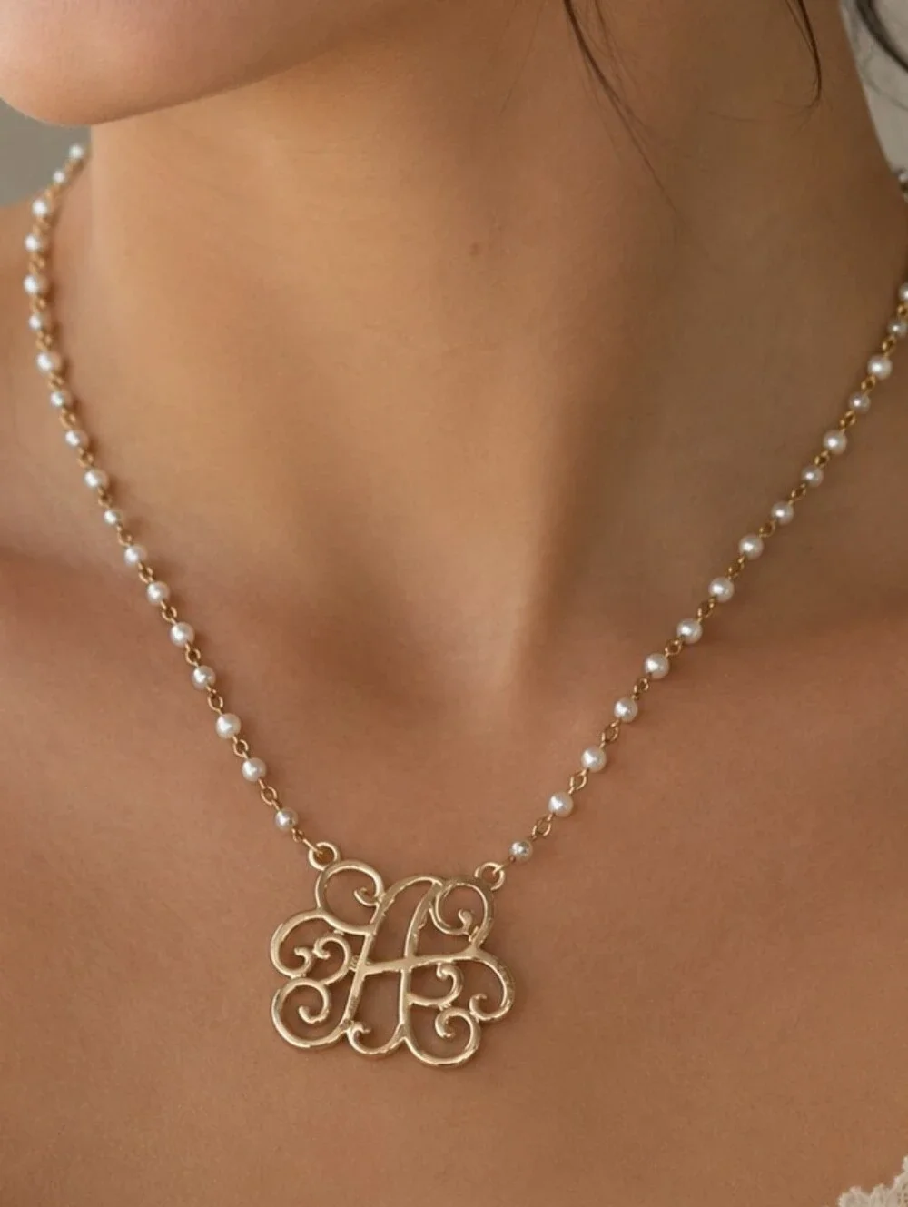 Delicate Faux Pearl Station Necklace With Gold Letter A Inital Monogram Pendant
